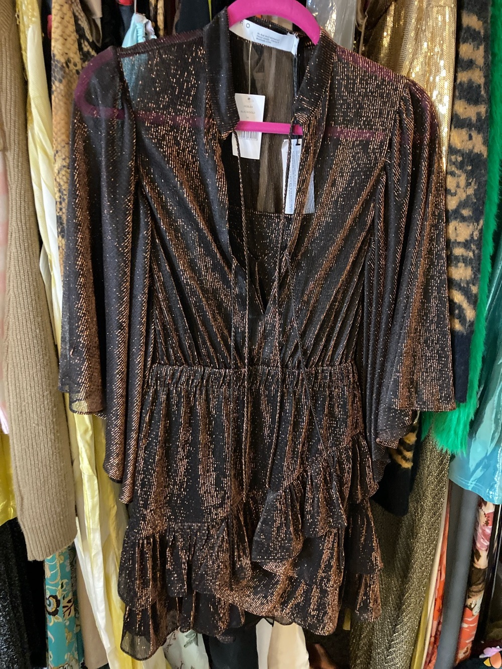 IRO Black Metallic Copper Ruffle V-Neck Tunic